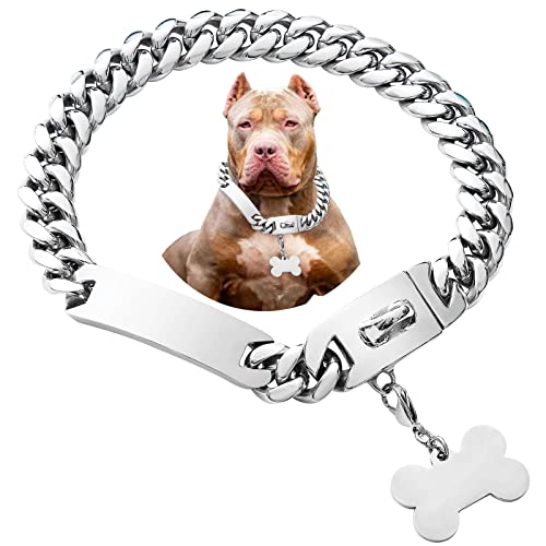 Personalisierte Hundemarke, Hundehalsband für große Hunde, Jungen, Mädchen, Haustiere, Telefonnummer, Namensschild, personalisierbar, Edelstahl, breit, kubanisches Gliederhalsband von Petoo