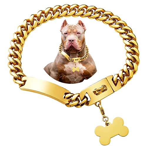 Personalisierte Hundemarke, Hundehalsband für große Hunde, Jungen, Mädchen, Haustiere, Telefonnummer, Namensschild, personalisierbar, Edelstahl, breit, kubanisches Gliederhalsband von Petoo