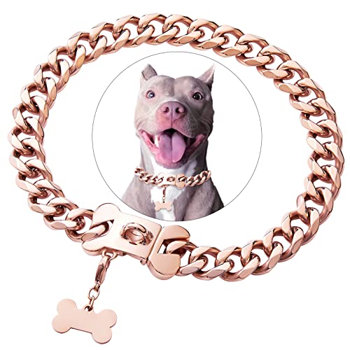 Rotgoldene Edelstahl-Halskette mit kubanischen Gliedern, strapazierfähig, für kleine, mittelgroße und große Hunde, amerikanische Bully Französische Bulldogge, mit Sicherheitsschnalle von Petoo