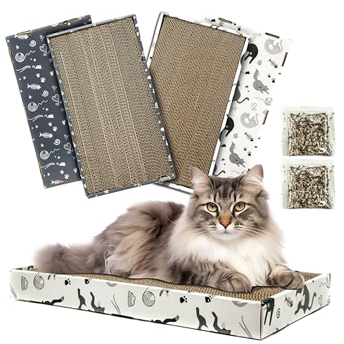 1 x CORRUGATE Katzenkratzbrett mit Katzenminze Katzenkratzer für Indoor-Katzen mit Box Katzenkratzpad Karton Katzenkratzbett Reversible Reiniger Sicher für Pfoten (Sortiert (1 Stück), Tierdruck) von Petopedia