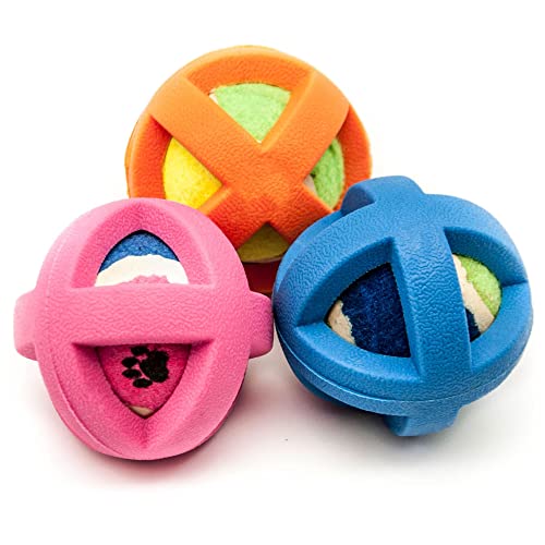 3 x 8 cm große Gummibälle für Hunde mit hartem Tennisball im Inneren, Gummi-Abdeckung, Interaktives Hundespielzeug für Langeweile Sport, Rollbälle für Hundekauspielzeug (3 Bälle, Puzzle-Ball) von Petopedia