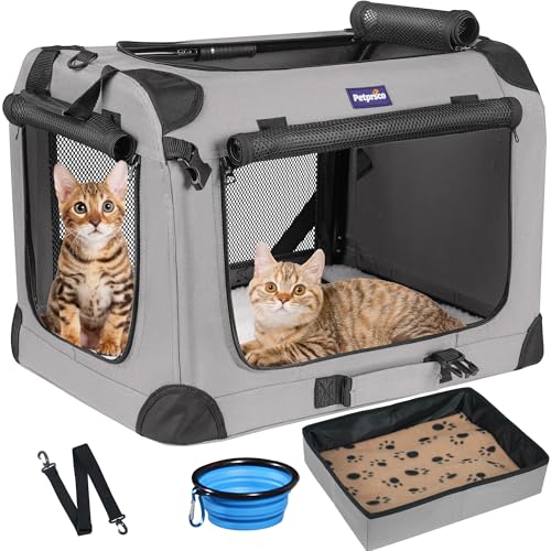 Petprsco Extra große Katzentragetasche für 2 Katzen, kleine, mittelgroße Hunde, weiche Seiten, 61 x 43 x 43 cm, für Autoreisen, mit faltbarer Katzentoilette, warmer Decke, faltbarem Napf und von Petprsco