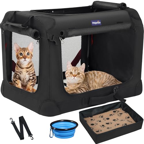 Petprsco Extra große Katzentragetasche für 2 Katzen, kleine, mittelgroße Hunde, weiche Seiten, 61 x 43 x 43 cm, für Autoreisen, mit faltbarer Katzentoilette, warmer Decke, faltbarem Napf und von Petprsco