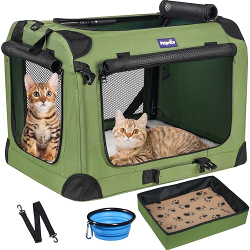 Petprsco Extra große Katzentragetasche für 2 Katzen, kleine, mittelgroße Hunde, weiche Seiten, 61 x 43 x 43 cm, für Autoreisen, mit faltbarer Katzentoilette, warmer Decke, faltbarem Napf und von Petprsco