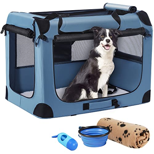 Petprsco Tragbare Hundebox, zusammenklappbare Hunde-Reisebox, 81 x 58 x 58cm, mit weicher Decke, Faltbarer Schüssel und einem Kotbeutel mit Spender für mittelgroße und große Hunde von Petprsco