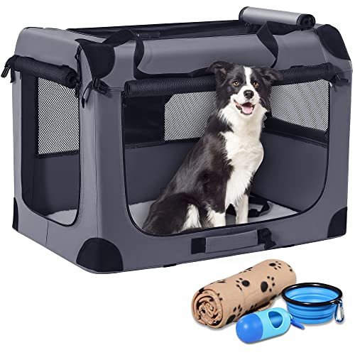 Petprsco Tragbare Hundebox, zusammenklappbare Hunde-Reisebox, 81 x 58 x 58cm, mit weicher Decke, Faltbarer Schüssel und einem Kotbeutel mit Spender für mittelgroße und große Hunde von Petprsco