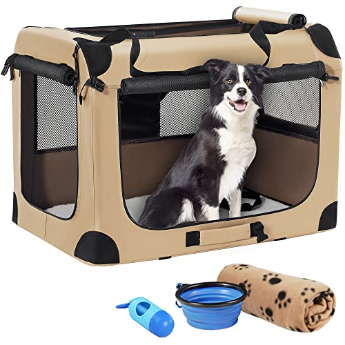 Petprsco Tragbare Hundebox, zusammenklappbare Hunde-Reisebox, 81 x 58 x 58cm, mit weicher Decke, Faltbarer Schüssel und einem Kotbeutel mit Spender für mittelgroße und große Hunde von Petprsco