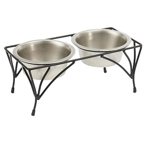 PetRageous Moon 12112SS Metall-Hunde-Diner, rutschfest, Schwarz, 3,5 Tassen Fassungsvermögen, Zwei spülmaschinenfeste Näpfe, 15 cm hoch, für mittelgroße und große Hunde und Katzen von Petrageous