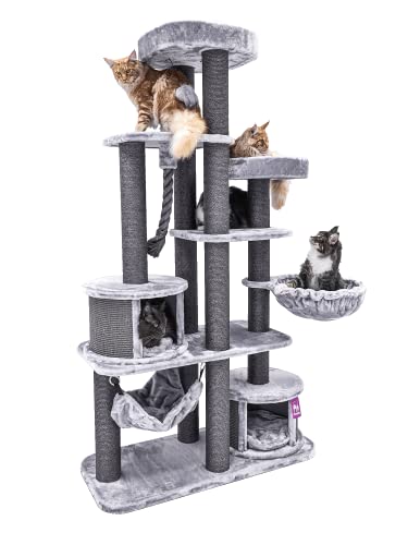 Petrebels kratzbaum Grosse Katzen stabil XXL Scenic View 197 Grau katzenkratzbaum für Maine Coon große katzenbaum schwere Katze kletterbaum kratzmöbel Dicker Stamm Ø 12cm Stämme Farbe Grau Hellgrau von Petrebels