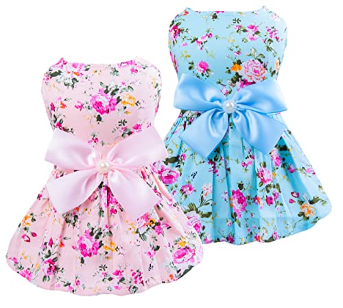 Petroom 2 x Blumen-Hundekleid, niedliches Sommerkleid mit Schleife für kleine Mädchen, Hunde, Katzenbekleidung (rosa Blume und blaue Blume), Größe XXS von Petroom