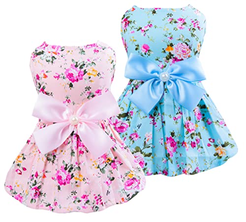 Petroom 2 x Sonnenblumen-Hundekleid, Katzenkleidung, Chihuahua, Yorkie-Kleid, Kostüm, Haustierkleidung (rosa Blume und blaue Blume, Größe L) von Petroom