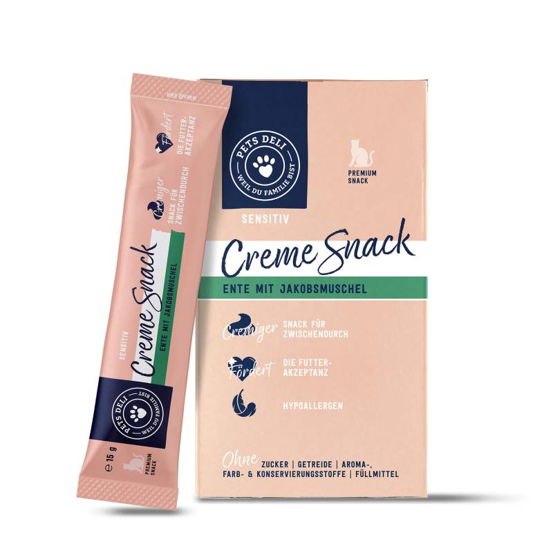 Snack Creme Ente mit Jakobsmuschel für Katzen - 6 x 15g / 8er Pack von Pets Deli