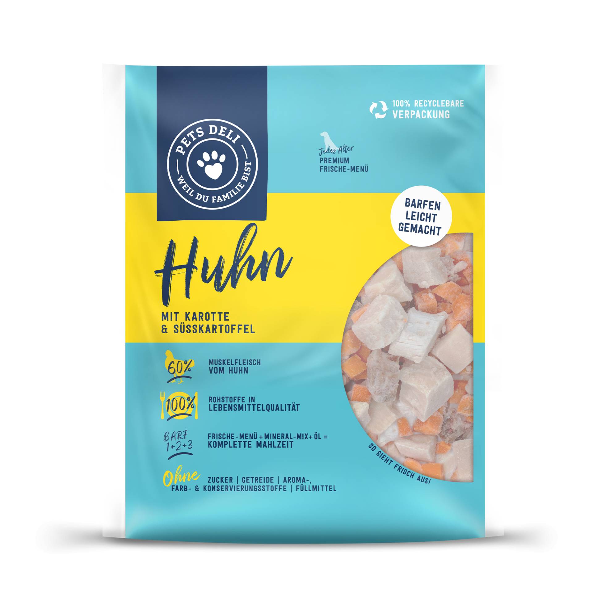 Frische-Menü Huhn mit Karotte und Süßkartoffel für Hunde - 400g / 20er+Öl+Mineral-Mix von Pets Deli