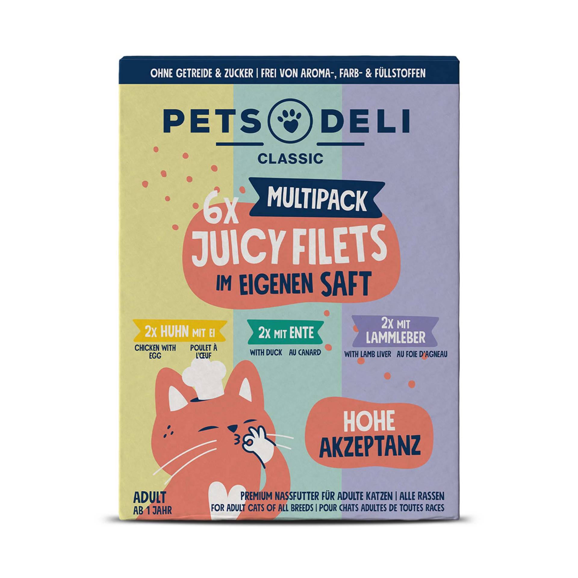 Juicy Filets Multipack Huhn mit Ei, Ente, Huhn mit Lammleber - 6x70g von Pets Deli