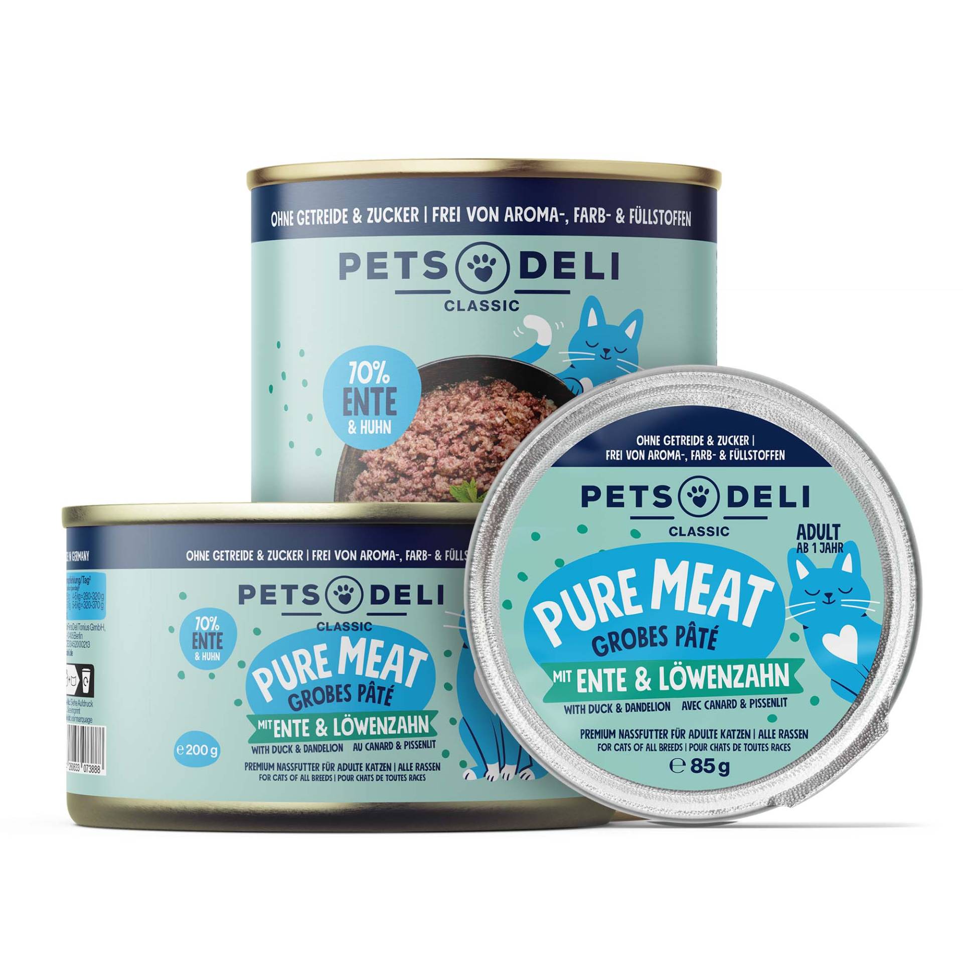 Nassfutter "Pure Meat" Ente mit Löwenzahn für Katzen - 200g / 6er Pack von Pets Deli