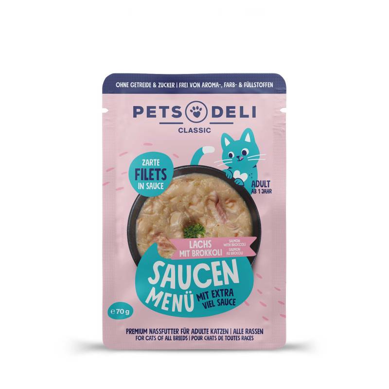 Nassfutter "Saucen Menü" Lachsfilet mit Brokkoli für Katzen - 70g / 36er Pack von Pets Deli