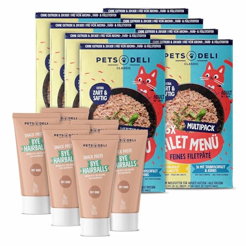 Pets Deli Bundle für Katzen mit Filet Menü Nassfutter Multipack und Anti Hairball Snack Paste 960g von Pets Deli