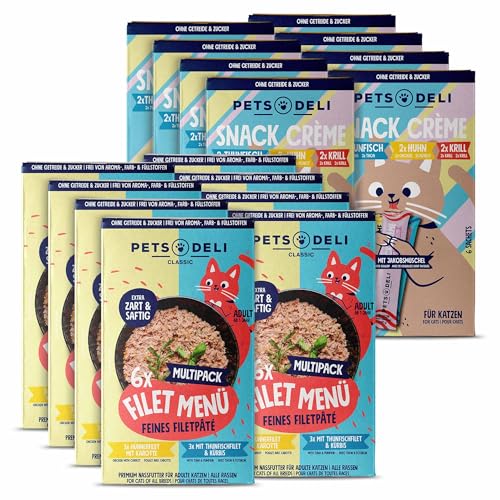 Pets Deli Bundle für Katzen mit Filet Menü Nassfutter Multipack und Cremesnack Multipack 1020g von Pets Deli