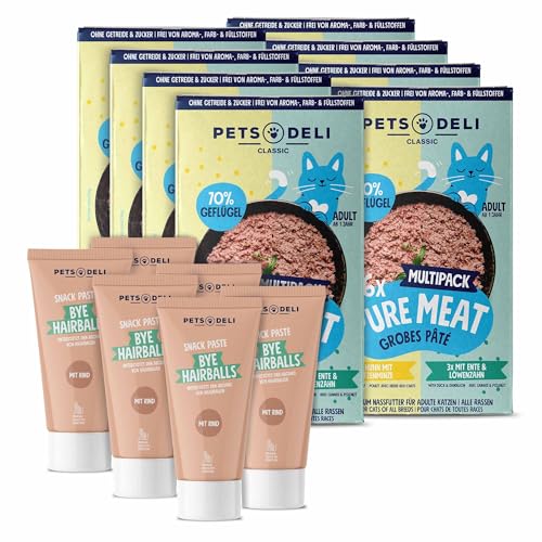 Pets Deli Bundle für Katzen mit Pure Meat Nassfutter Multipack und Anti Hairball Snack Paste 960g von Pets Deli