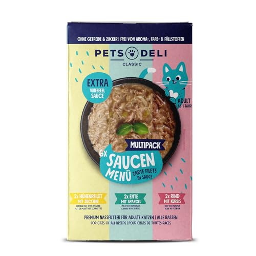 Pets Deli Getreidefreies Nassfutter Multipack Saucen Menü Huhn, Rind, Ente für Katzen 6 x 70g von Pets Deli