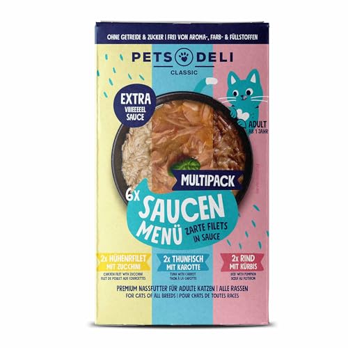 Pets Deli Getreidefreies Nassfutter Multipack Saucen Menü Huhn, Thunfisch, Rind für Katzen 6 x 70g von Pets Deli