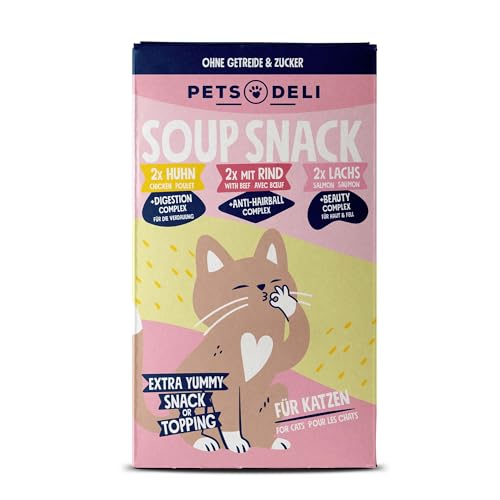 Pets Deli Katzensuppen Multipack – Getreidefrei, 3 Sorten (Huhn, Rind, Lachs) – Unterstützt Haut & Fell, Verdauung & Haarballen – 6 x 40g von Pets Deli