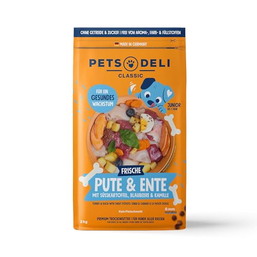 Pets Deli Trockenfutter für Welpen Pute & Ente mit Süßkartoffel, Blaubeere & Kamille - ohne Zucker und Gluten, 2kg von Pets Deli