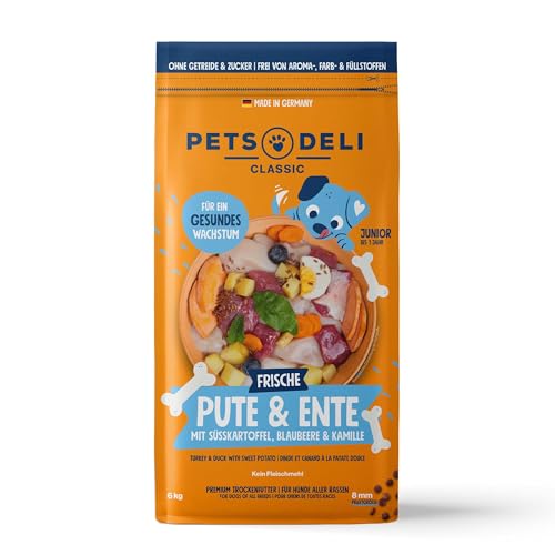 Pets Deli Trockenfutter für Welpen Pute & Ente mit Süßkartoffel, Blaubeere & Kamille - ohne Zucker und Gluten, 6kg von Pets Deli