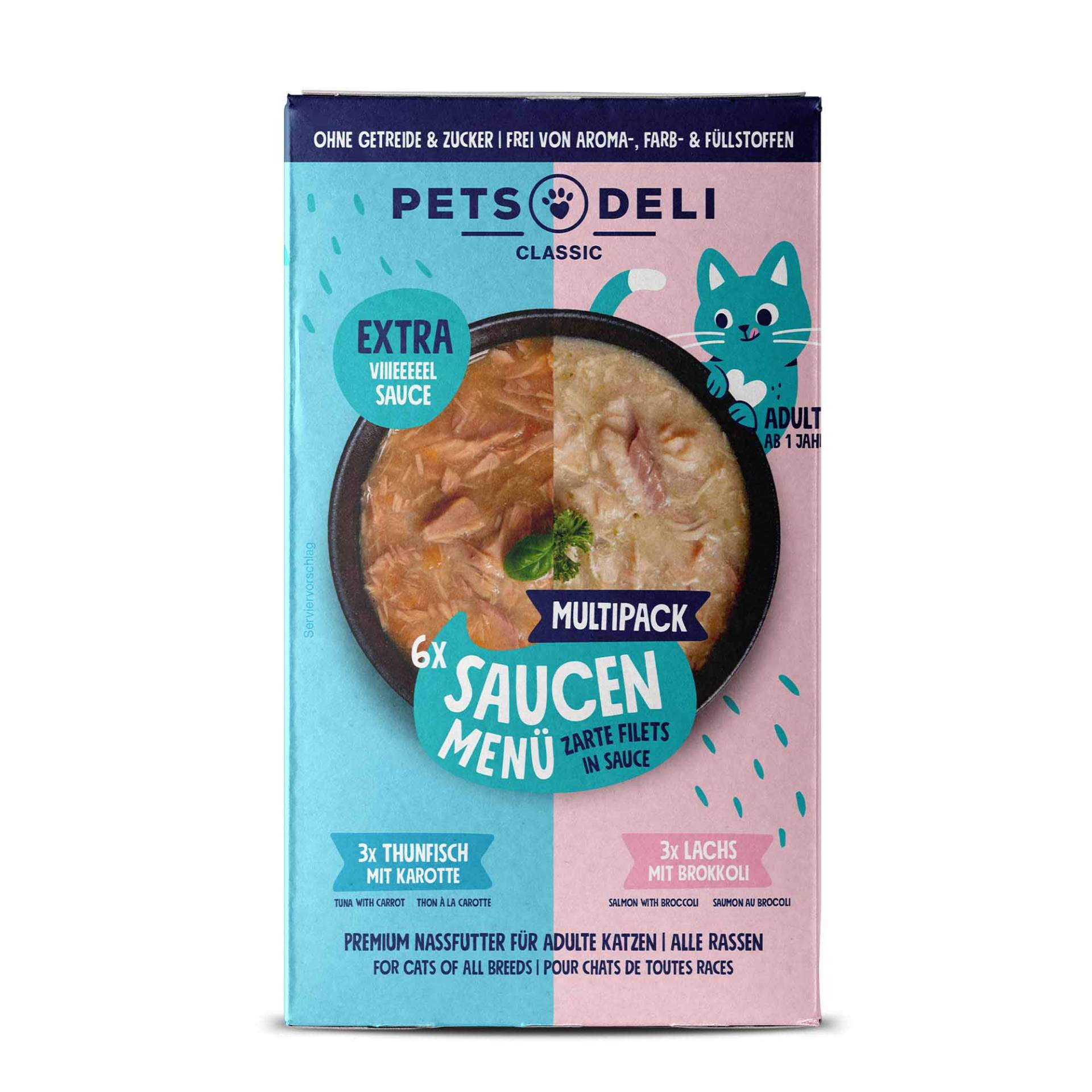 Saucen Menü Multipack - Katzenfutter nass - Putenfilet, Thunfischfilet und Hühnerfilet - Zucchini, Karotte - Adult - getreidefrei, zuckerfrei - 6 x 70g von Pets Deli von Pets Deli