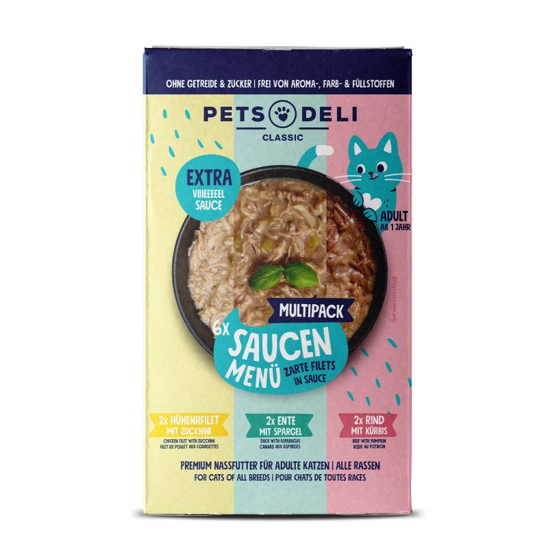 Saucen Menü Multipack - Katzenfutter nass - Putenfilet, Thunfischfilet und Hühnerfilet - Zucchini, Karotte - Adult - getreidefrei, zuckerfrei - 6 x 70g von Pets Deli von Pets Deli