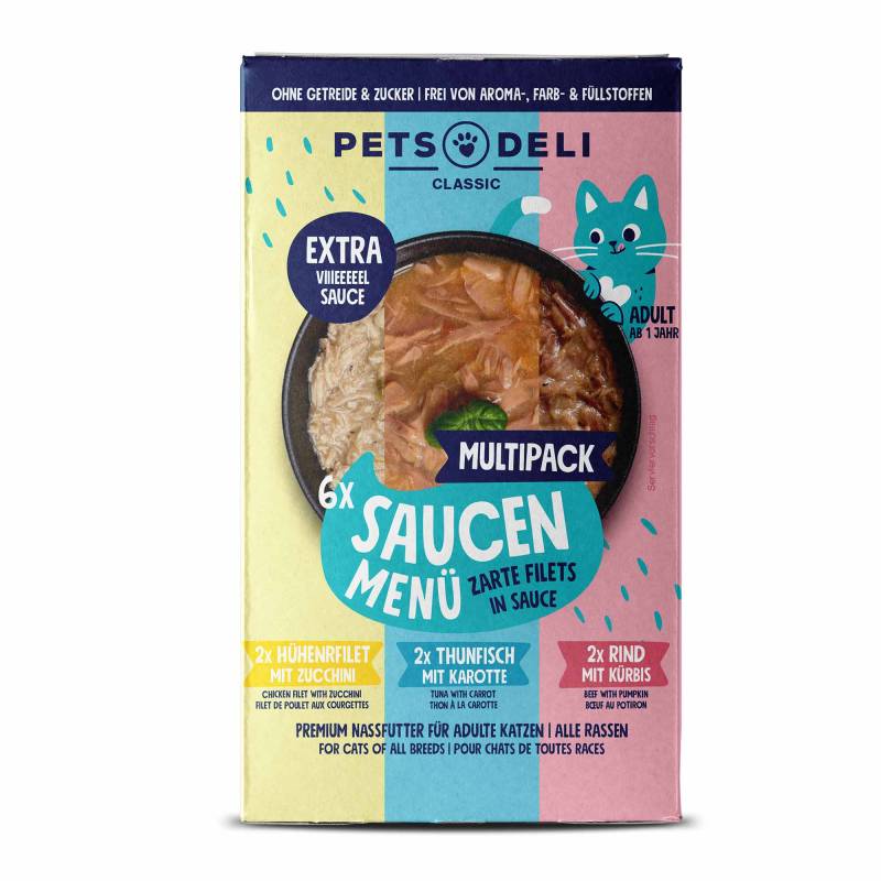 Saucen Menü Multipack - Katzenfutter nass - Putenfilet, Thunfischfilet und Hühnerfilet - Zucchini, Karotte - Adult - getreidefrei, zuckerfrei - 6 x 70g von Pets Deli von Pets Deli