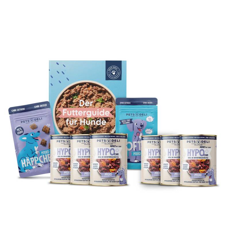 Probierpaket Sensitiv Pferd mit Futterguide - 6 x 400g / 2 x 90g /  10 St. von Pets Deli