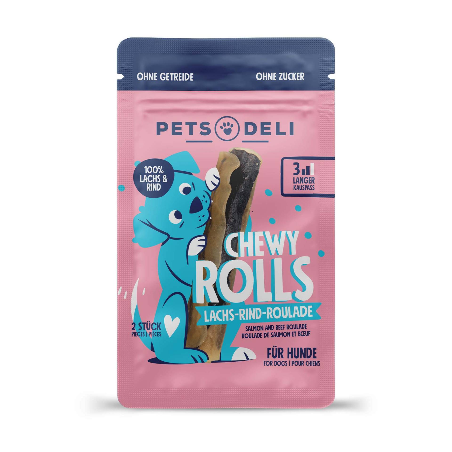 Snacks "Chewy Rolls" Lachs-Rind Kaurollen für Hunde - 2 Stück / 5er Pack von Pets Deli