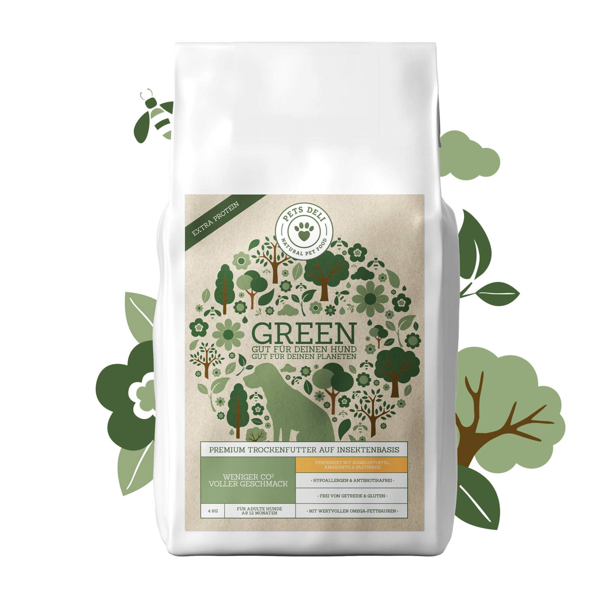 Trockenfutter Green Extra Protein mit Amaranth, Pastinake und Cranberry - auf Insekten Basis für Hunde - Sparpaket 2x4kg von Pets Deli