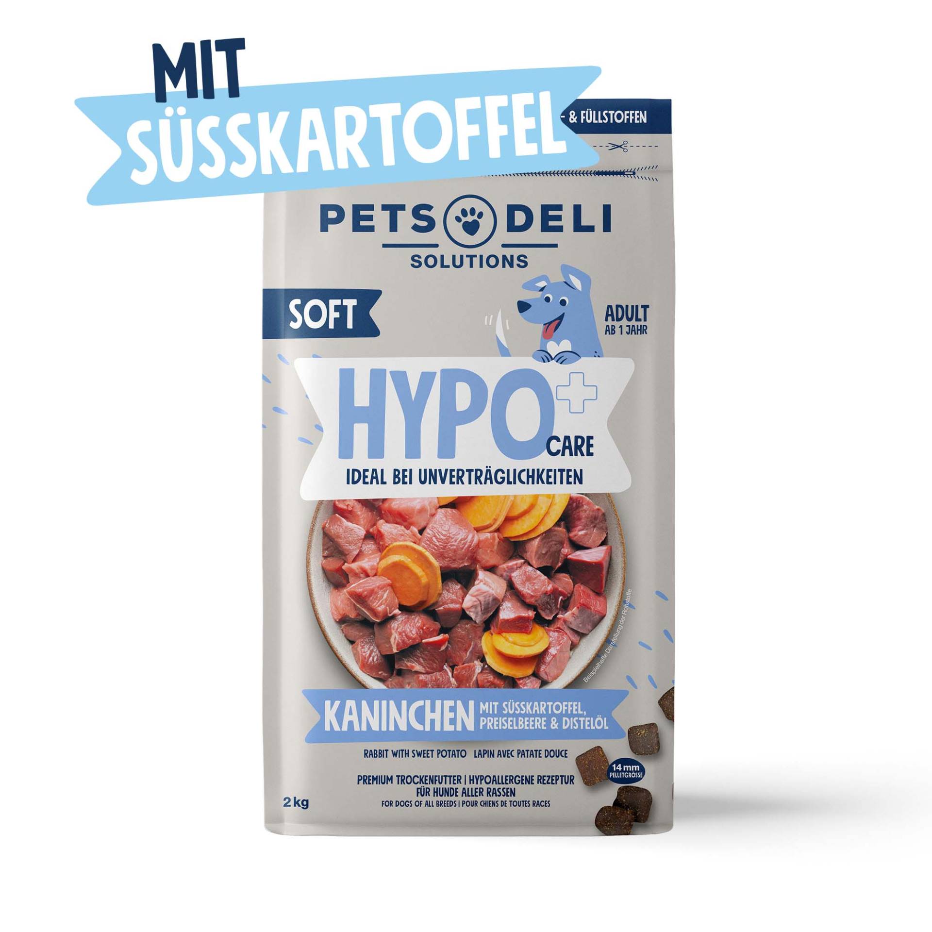 Trockenfutter Hypocare Soft Kaninchen mit Süßkartoffel, Preiselbeere und Distelöl für Hunde - 2kg von Pets Deli