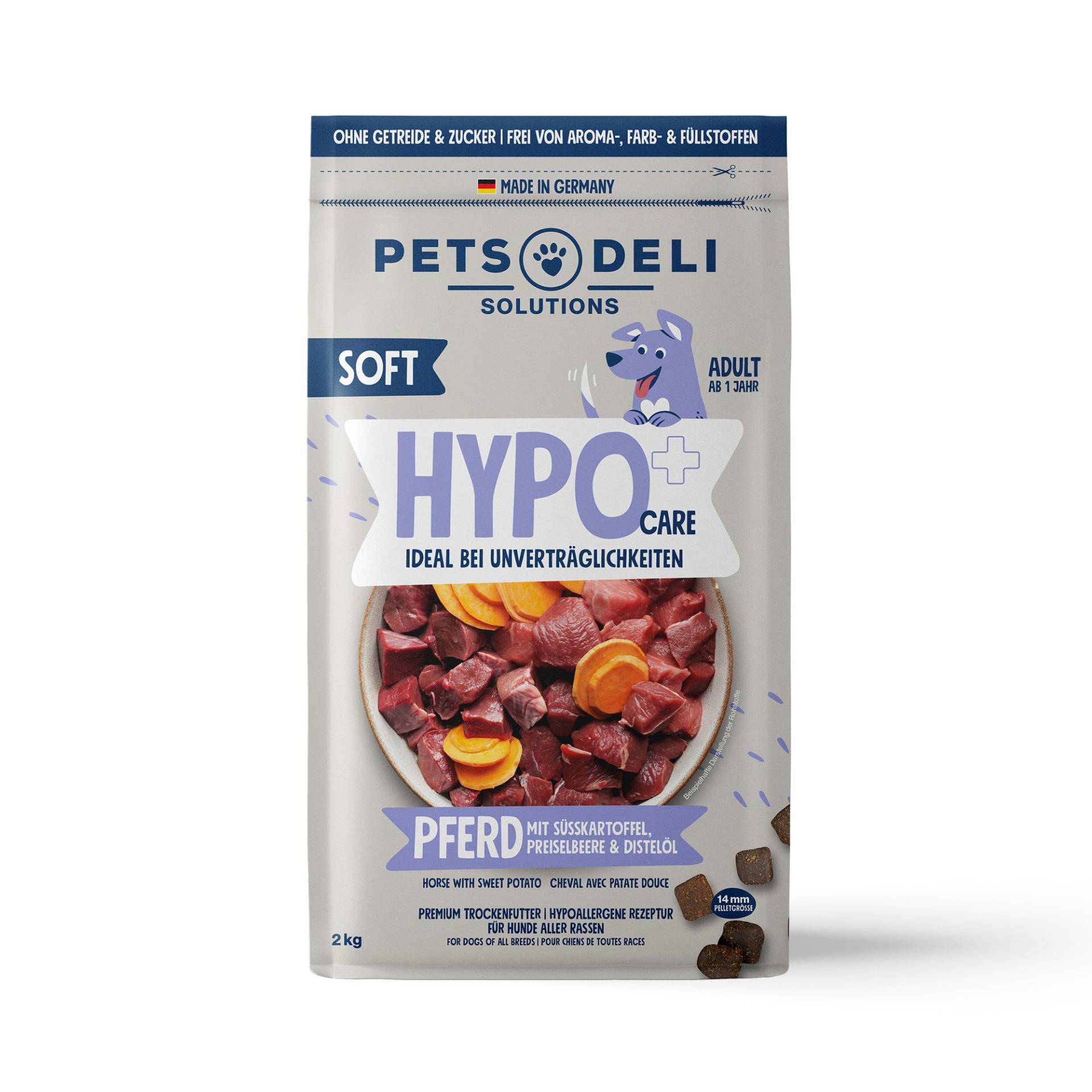 Trockenfutter Hypocare Soft Pferd mit Süßkartoffel, Preiselbeere und Distelöl für Hunde - 2kg von Pets Deli