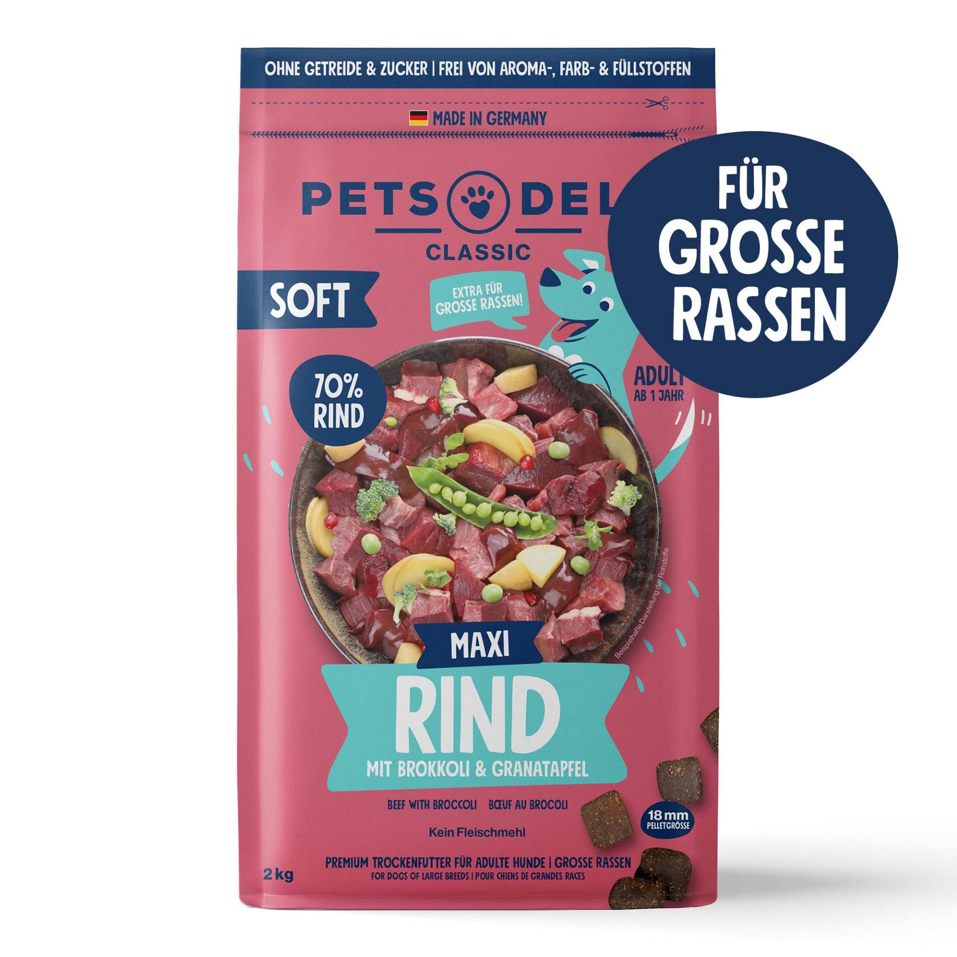 Trockenfutter Maxi Soft Rind mit Brokkoli & Granatapfel für Hunde - 10kg von Pets Deli