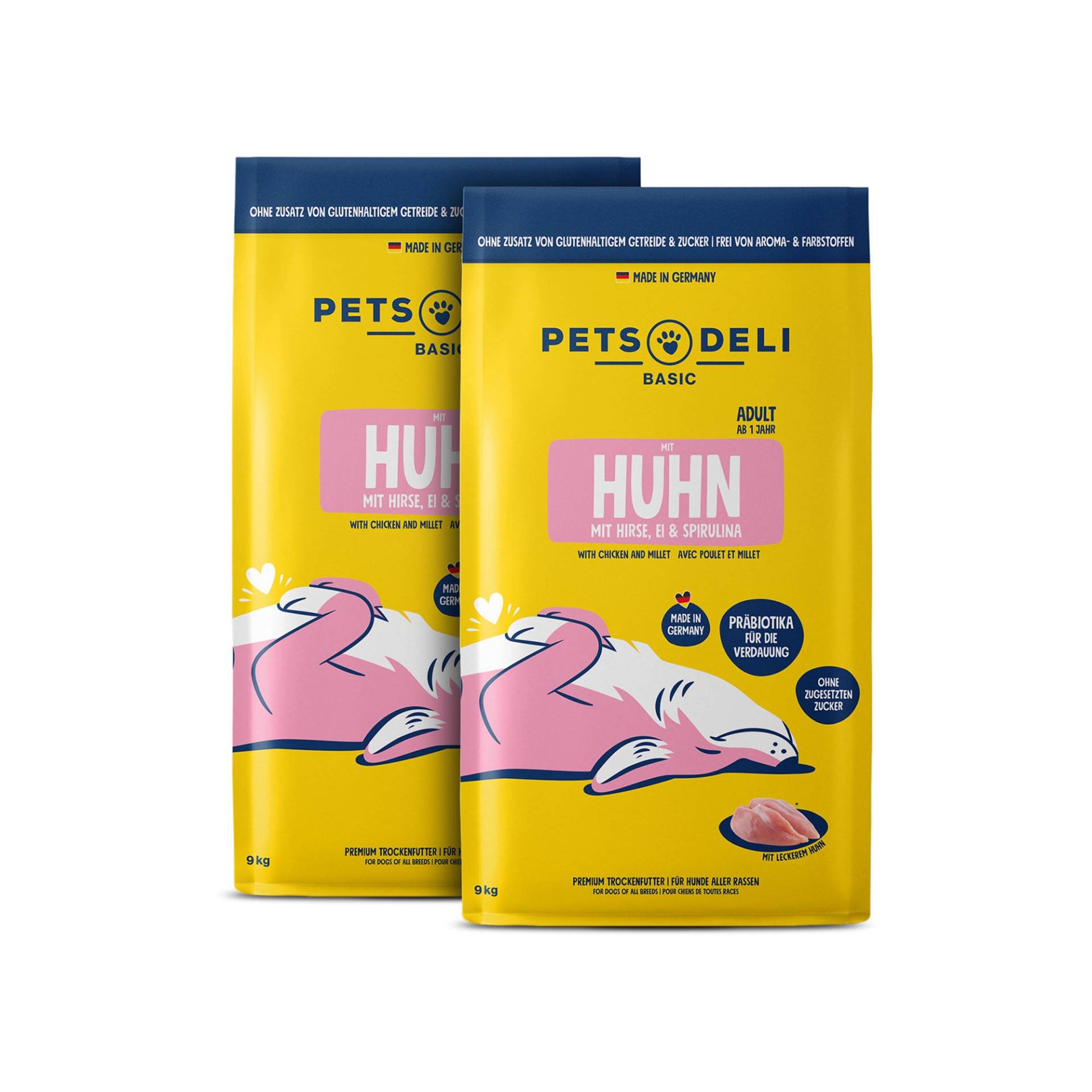 Trockenfutter Premium Basic Huhn mit Hirse, Spirulina und Ei für Hunde - Sparpaket 2x9kg Trockenfutter Premium Basic Huhn mit Hirse, Spirulina und Ei für Hunde - Sparpaket 2x9kg von Pets Deli