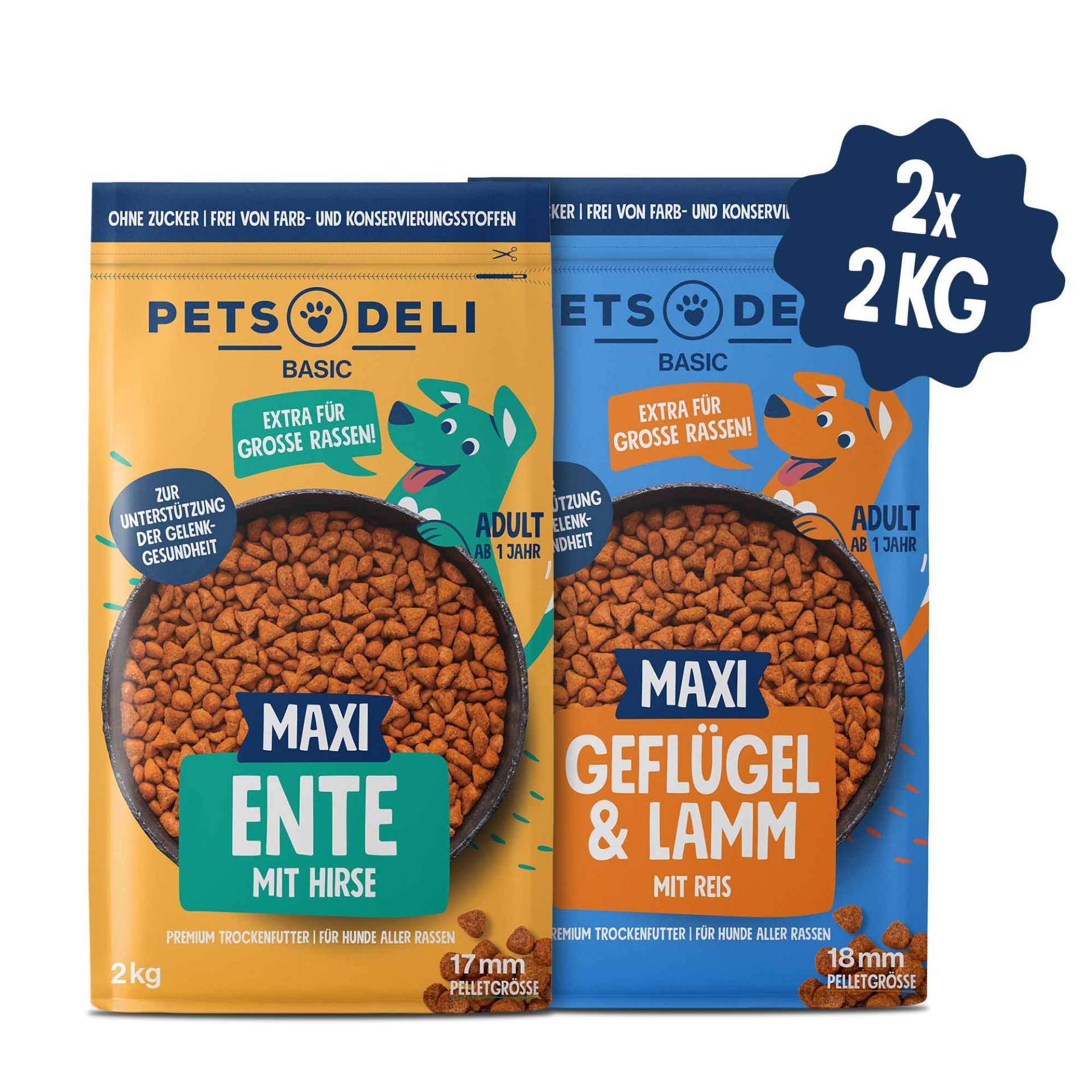 Trockenfutter Probierpaket Maxi Basic Mix für Hunde - Sparpaket 2x2kg von Pets Deli