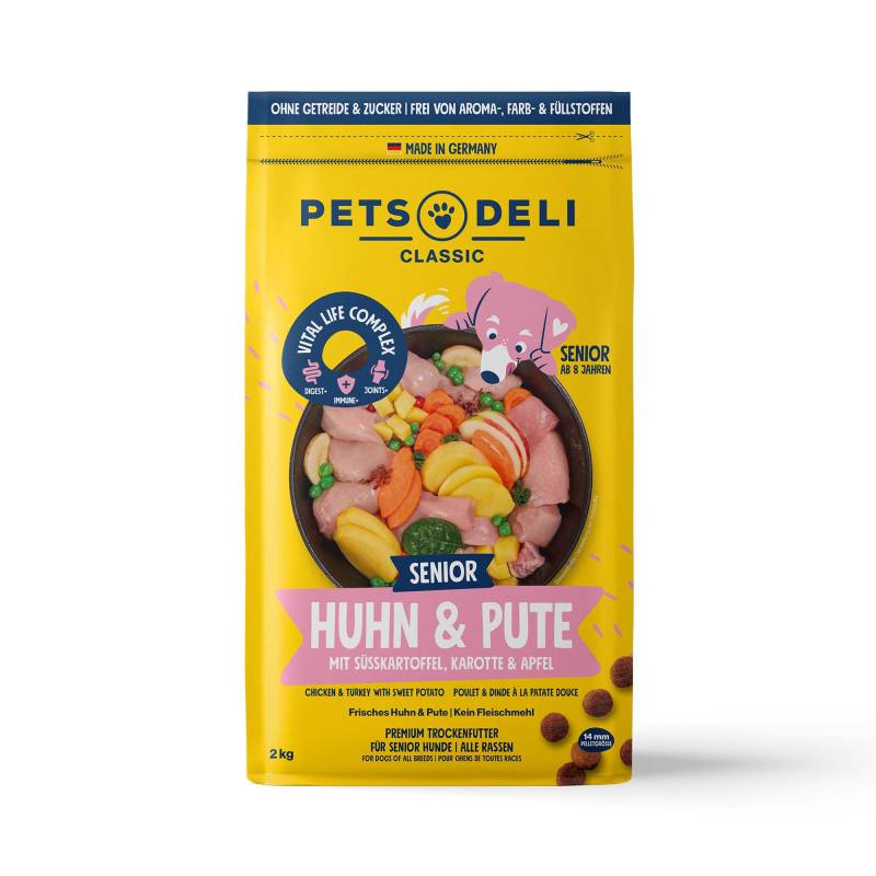 Trockenfutter Senior Huhn & Pute mit Süßkartoffel, Karotte und Apfel für Hunde - 2kg von Pets Deli