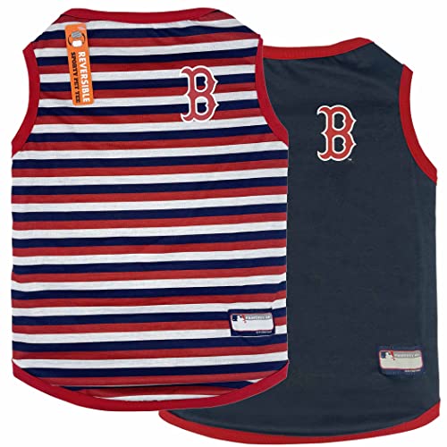 MLB Boston RED SOX Wendbares T-Shirt für Hunde und Katzen, Größe L für Hunde und Katzen, 2 Designs, gestreiftes T-Shirt auf der einen Seite, solides Design auf der anderen Seite von Pets First