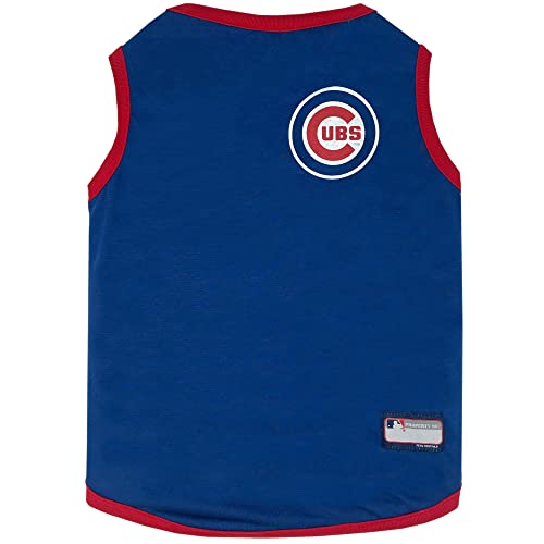 MLB Chicago Cubs Wende-T-Shirt, Größe L für Hunde und Katzen, mit 2 Motiven, gestreiftes T-Shirt auf der einen Seite, solides Design auf der anderen Seite von Pets First