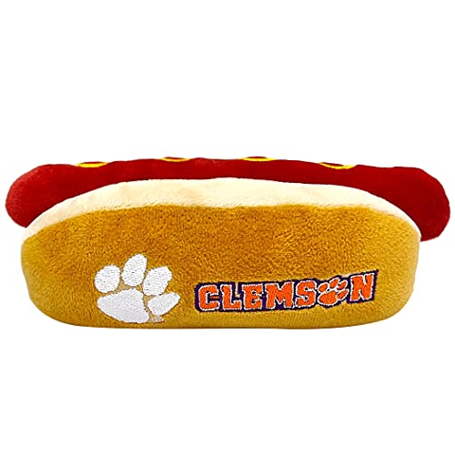 Pets First NCAA Clemson Tigers Hot Dog Plüschtier für Hunde und Katzen, Quietschspielzeug für Hunde und Katzen, mit innerem Quietscher und schönem Fußball-/Basketball-Teamname/Logo von Pets First