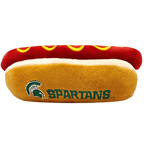 Pets First NCAA Michigan State Spartans Hot Dog Plüschtier für Hunde und Katzen, Quietschspielzeug für Hunde und Katzen, mit innerem Quietscher und schönem Fußball-/Basketball-Teamname/Logo von Pets First