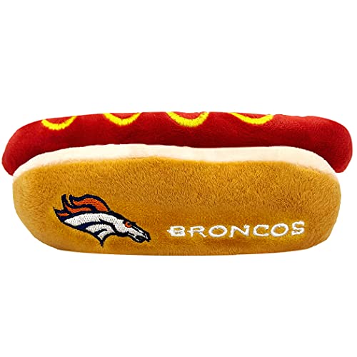 NFL Denver Broncos HOT Dog Plush Dog & Cat Squeak Toy - Cute Hot Dog Snack Plush Toy for Dogs & Cats with Inner Squeaker & Beautiful Football Team Name/Logo von Pets First