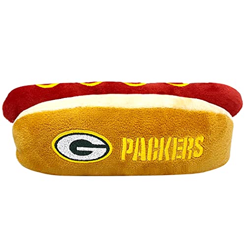 NFL Green Bay Packers HOT Dog Plüsch Hund & Katze Quietschspielzeug - Niedliches Hot-Dog-Snack Plüschspielzeug für Hunde & Katzen mit innerem Quietscher & schönem Fußball-Teamname/Logo von Pets First