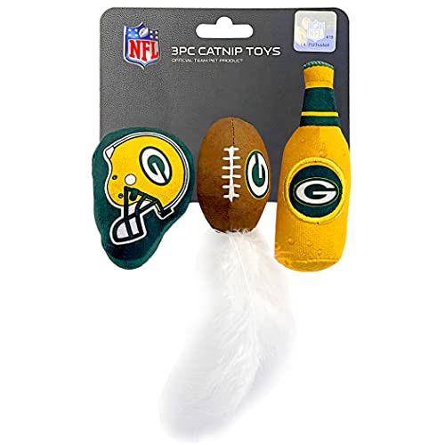 NFL Green Bay Packers Katzenspielzeug, 3-teiliges Katzenspielzeug, gefüllt mit frischer Katzenminze, 1 Katzenspielzeug, 1 Fußball-Katzenspielzeug mit Federn und 1 Bierflasche. Schöne Team-Logos von Pets First