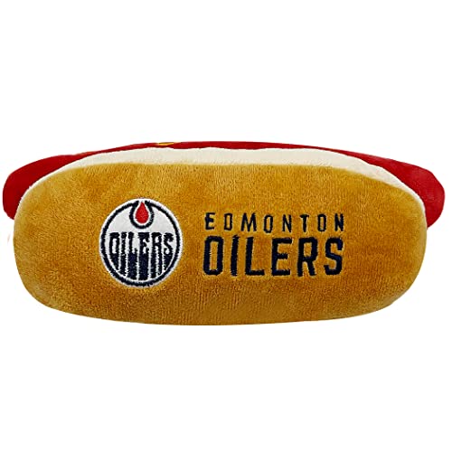 NHL Edmonton Oilers HOT Dog Plüsch Hund & Katze Quietschspielzeug - Niedliches Hot-Dog-Snack Plüschspielzeug für Hunde & Katzen mit innerem Quietscher & schönem Hockey-Teamname/Logo von Pets First