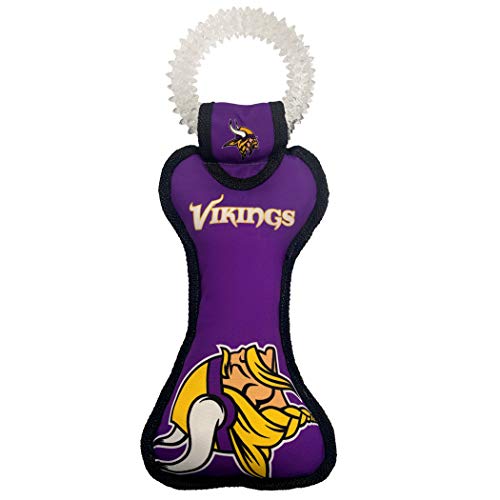 Pets First NFL Minnesota Vikings Football Dental Tough Dog TUG Bone Toy with Built-in Squeaker Attached to a Safe Rubber Teething Toothbrush PET Toy, Team Color, 14 x 5 (MIN-3310) von Pets First