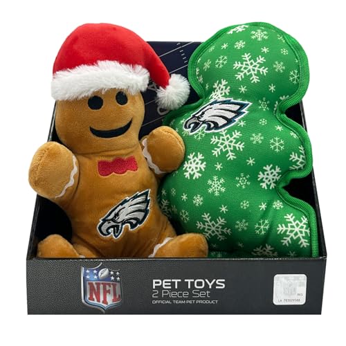 Pets First NFL Philadelphia Eagles Fußball Holiday Themed Lebkuchen X-Mas Tree Geschenk-Boxset, Set mit 3 Hundespielzeugen mit inneren Quietschern. Hundespielzeug mit NFL Team Logo von Pets First